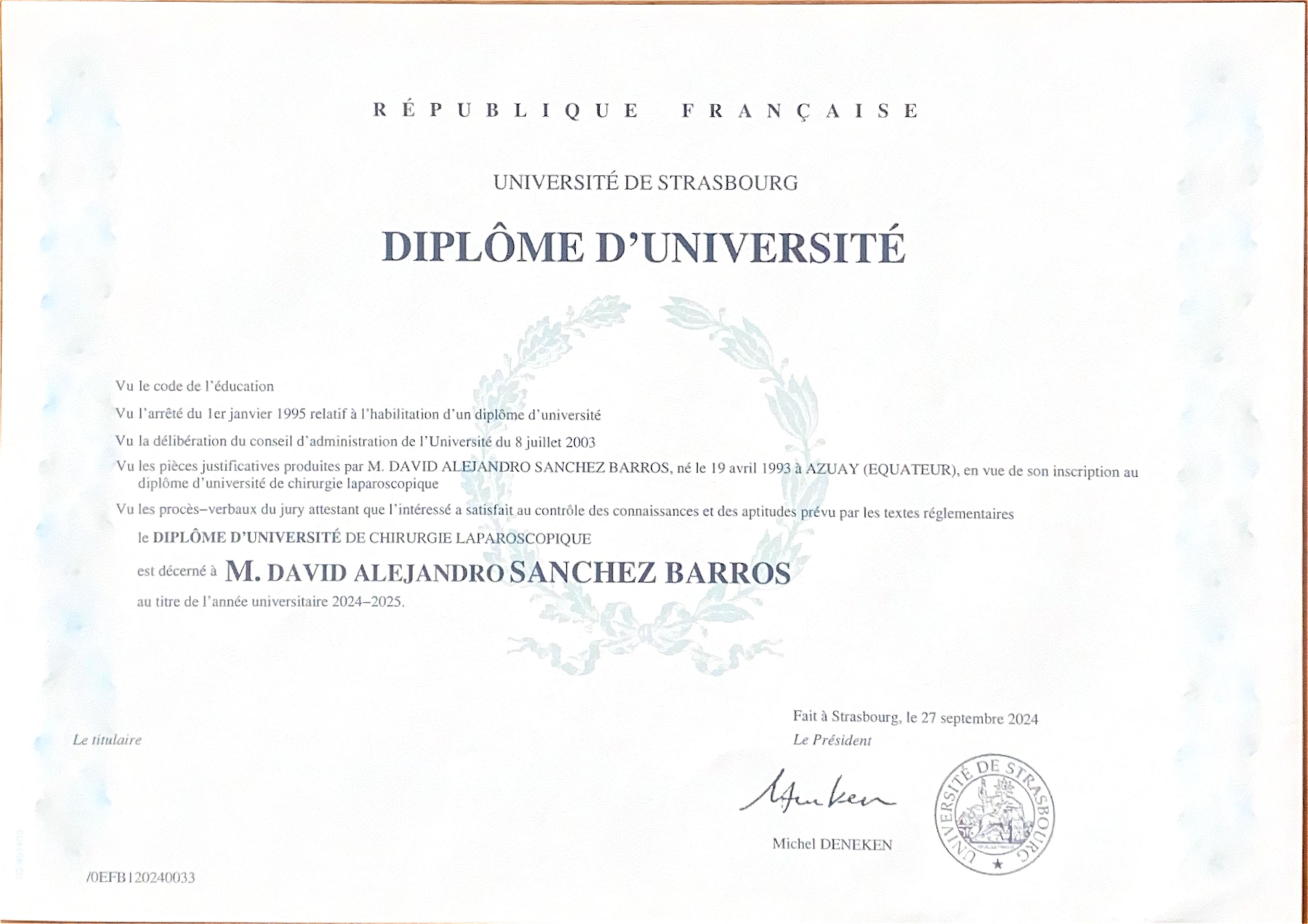 Diploma: Diplomado en Cirugía Laparoscópica — Université de Strasbourg — Francia