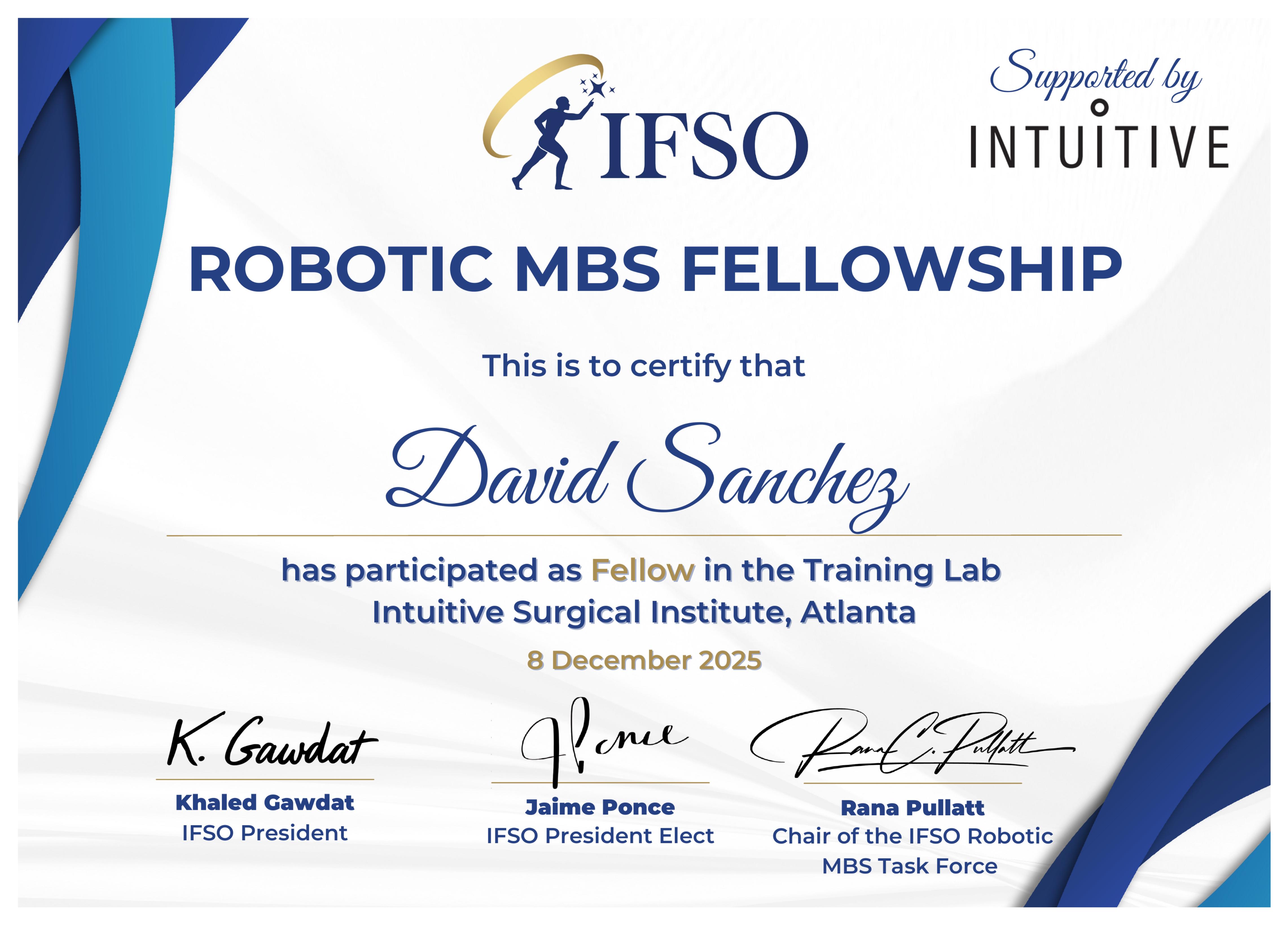 Diploma: Robotic MBS Fellowship — IFSO — Intuitive Surgical Institute — Atlanta, EE.UU.