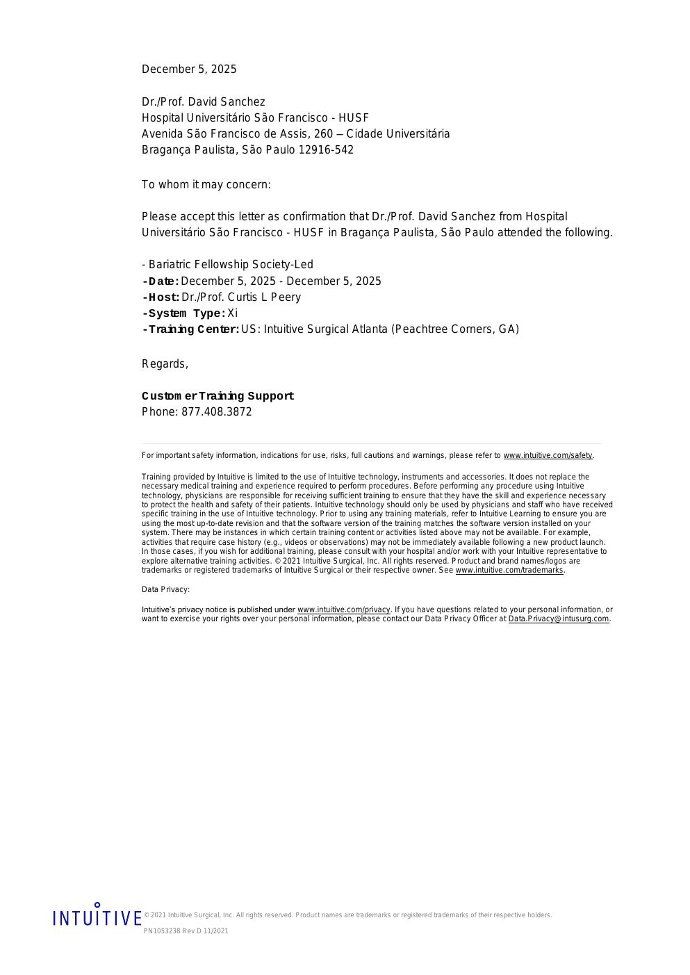 Diploma: Entrenamiento da Vinci Xi — Hernias — Intuitive Surgical Institute — Atlanta, EE.UU.