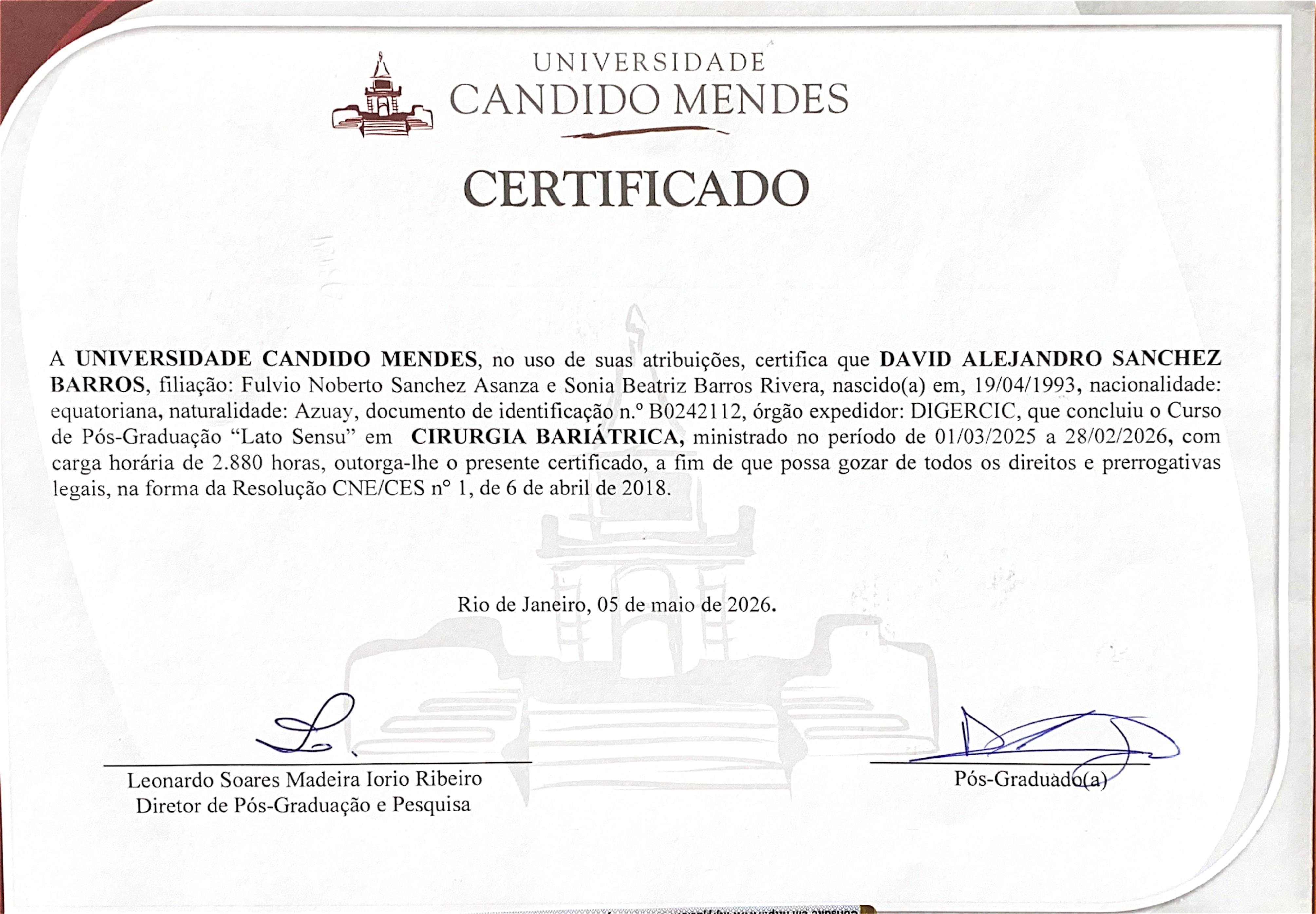 Diploma: Posgrado en Cirugía Bariátrica — Hospital São Francisco de Assis - UCAM, Rio de Janeiro — Brasil