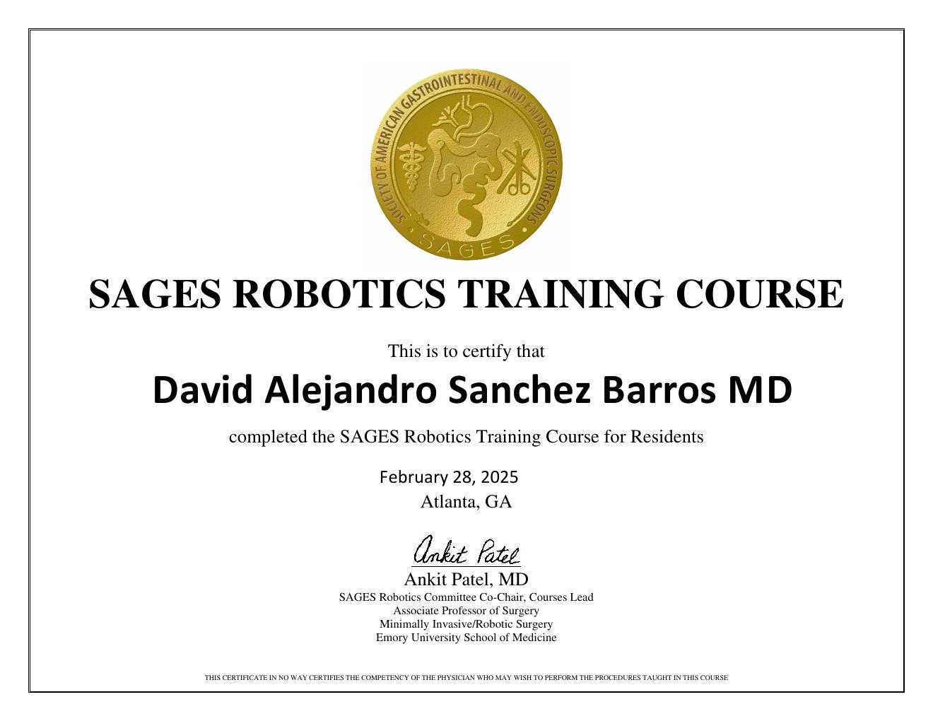 Diploma: Entrenamiento da Vinci Xi — Bariátrica — Intuitive Surgical Institute — Atlanta, EE.UU.