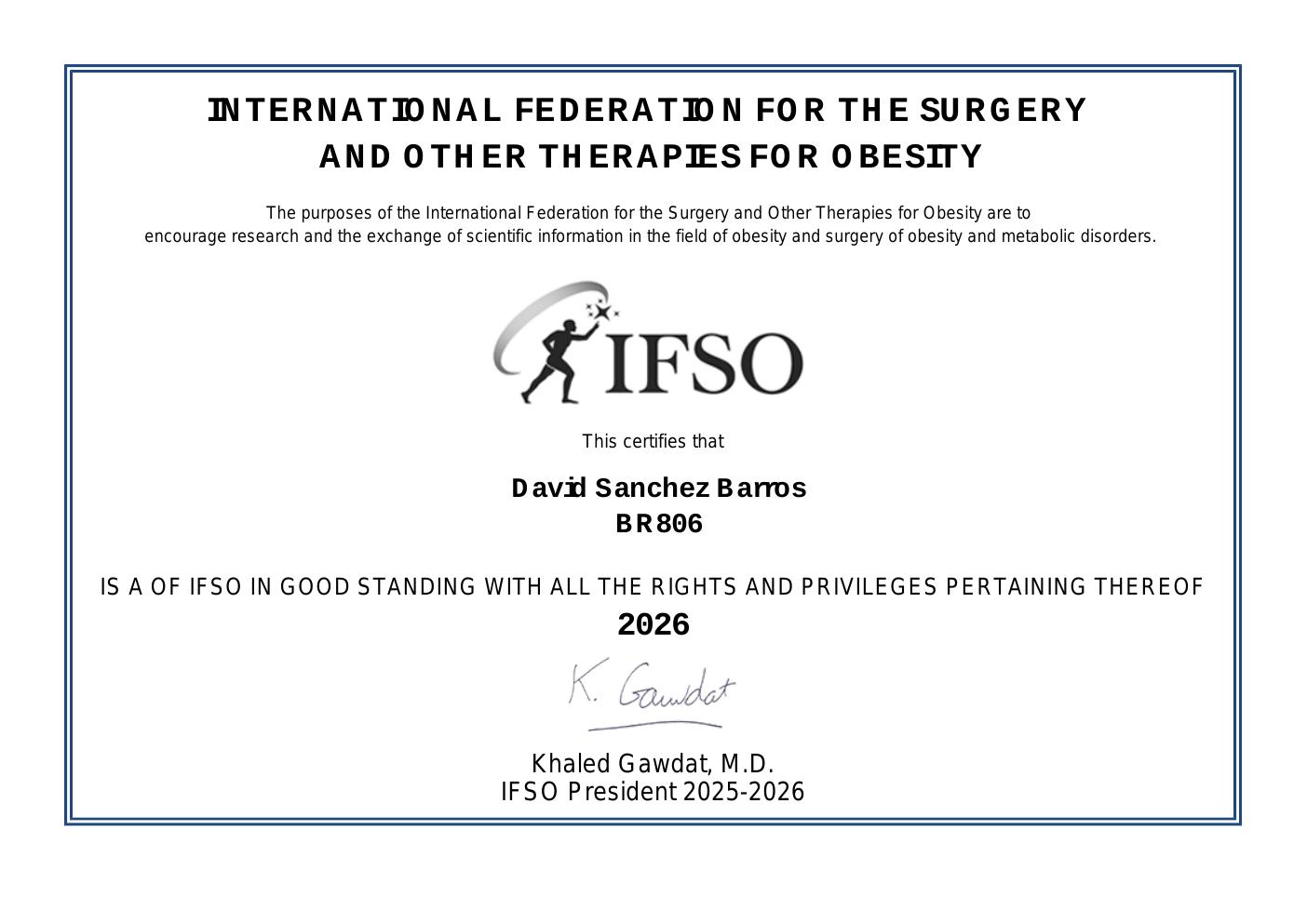 Diploma: Miembro IFSO — International Federation for the Surgery of Obesity